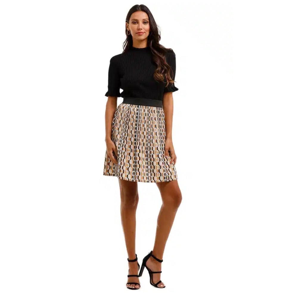 Maje Jockilana Geometric Print Pleated Mini Skirt SZ 8, pull on preppy, academia